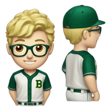 baseball card character. Blonde male. Short hair with glasses. Dark green uniform with har sticker