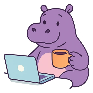 A cartoon hippo sitting at a laptop, drinking coffee, pastel colors, soft and cute style sticker