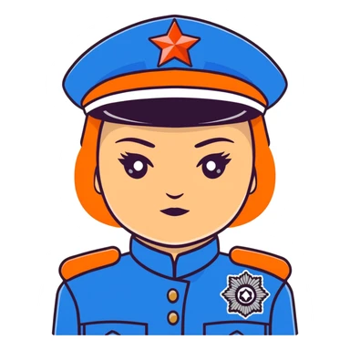 Female Russian police officer with traditional Russian police fur hat and blue uniform sticker