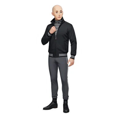 A tall, bald man with a long, pointed nose and a mischievous smirk. He wears a black zip-up jacket with a high collar, a gray striped scarf, and dark pants. His posture is slightly hunched, with his hands often gesturing dramatically, exuding both menace and charm sticker