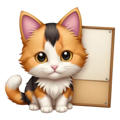 Calico kitten holding a large blank sign sticker