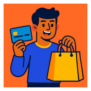 a guy holding a credit card and a shopping bag, modern illustration, vibrant colors sticker
