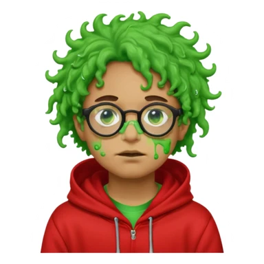 pale light brownskin boy with green slime coming out his eyes, and black glasses, nosering, wit messy, and curly freeforms, wearing a red hoodie with a Glo Gang sun on the hoodie. sticker