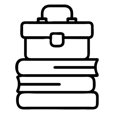 minimalist gray outlined icon representing Resources with books, toolbox, or stack of files, worn and distressed effect sticker