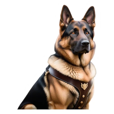 Cinematic Noble Tan/Black German Shepherd Portrait Emoji, Poised and regal, with a strong, athletic build and a dense, well-groomed coat in rich tan accented by a classic black saddle, deep-set soulful brown eyes, Simplified yet sharp and sophisticated features, highly detailed, glowing with a soft, dignified glow, high shine, intelligent and loyal, stylized with an air of authority, focused and attentive, soft glowing outline, capturing the essence of a watchful and commanding guardian, so majestic it feels as though it could stride out of the screen with effortless authority! sticker