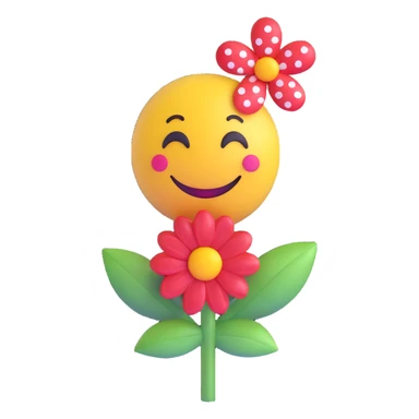 3D smiley emoji with big eyelashes, red polka dot bow, holding a flower, happy sticker