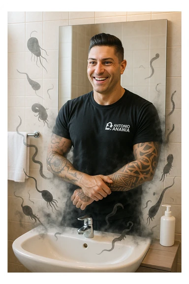 a man stands in a brightly lit bathroom, looking relieved and revitalized as he examines his reflection in the mirror. In the foreground, stylized, shadowy images of parasites (such as worms or protozoa) are shown leaving his body, dissolving into mist or fading away. His posture is upright and his expression is one of newfound energy and health. sticker