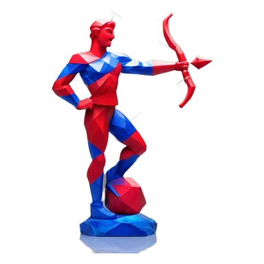 A Sagittarius sculpture with a geometric, faceted design. The Sagittarius is standing upright with angular and baroque features. The vibrant red and blue flame colors highlights the sharp edges and planes. Only 2 legs, clear features sticker