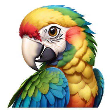 Cinematic Cute Macaw Portrait Emoji, Head tilted playfully and inquisitively, with a dazzling array of colorful plumage and round, sparkling eyes filled with charm, Simplified yet irresistibly adorable features, highly detailed, glowing with a warm, friendly tropical glow, high shine, affectionate and lively, stylized with a touch of whimsical vibrancy, bright and endearing, soft glowing outline, capturing the essence of a mischievous yet loving parrot that seems as if it could flutter out of the screen into your arms! sticker