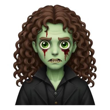 long curly haired zombie with brown hair color and green eye color, with dark vampire clothes sticker