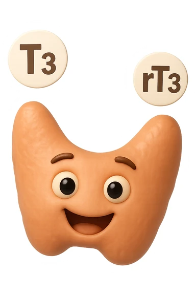 EMOJI STILE IPHONE 3D DI ormoni tiroidei (T3 ed rT3) che fluttuano in aria intorno ad una tiroide felice, iperrealistico 4k sticker