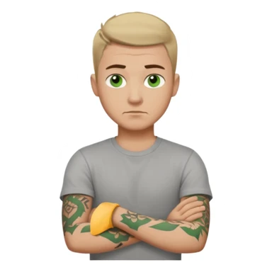 White young man with short dark taper fade hair cut and slight goatee and neutral expression with his arms folded. Green eyes and arm tattoos sticker