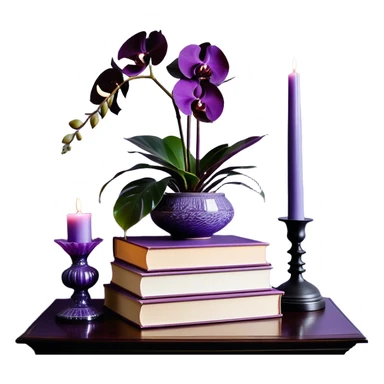 A sophisticated and artistic still life arrangement: a balanced stack of hardcover books in light and dark violet tones, their spines aligned in harmonious contrast. A lavender-colored monstera plant flourishes beside them, its uniquely shaped leaves adding a touch of organic beauty. A deep purple orchid glass candle holder glows gently, radiating warmth. To enrich the composition, a decorative amethyst crystal catches the light, a soft plum-colored linen cloth cascades from the table’s edge, and a delicate lavender-scented candle completes the ambiance of refined tranquility. sticker