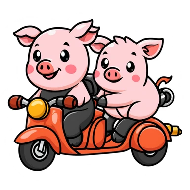 pig couple riding a motorbike, cute sticker
