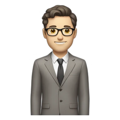 Full height Pale skinned Fit Man With dark brown hair in classic gray suit, beige office shirt, dark gray tie, and vintage glasses. His hands lock sticker