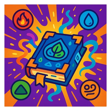 a spellbook with elemental runes, emitting magical energy, with icons of fire, water, earth, and air around it, in a vibrant cartoon style sticker