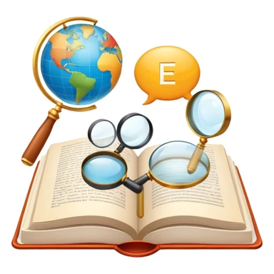 An icon featuring an open book, a speech bubble, and a magnifying glass, symbolizing philology and linguistics. The design includes language symbols, a globe, and alphabet letters, representing the study of languages and their structures. Transparent background  sticker
