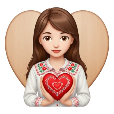 Beautiful young girl with brown hair in a white Ukrainian embroidered shirt holding a large embroidered heart sticker