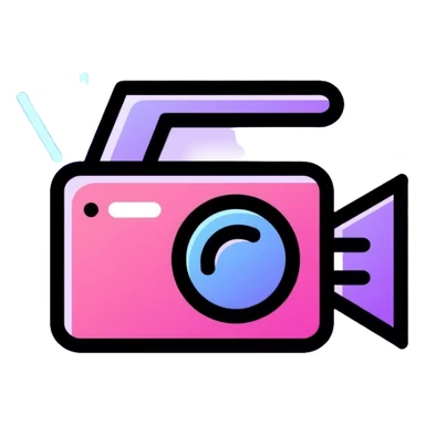 videographer's camera in pink and light blue colors, with neon glow lines, blue neon light on top left, purple neon light on bottom right sticker