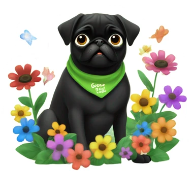 Black pug , surrounded by flowers, holding a green sign that says “good luck”  sticker