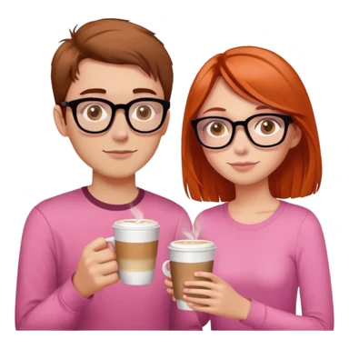girl with brown hair and hazel eyes drinking latte, hair just below shoulder length and wearing a pink shirt. She is with her with her boyfriend who has orange/red hair, black glasses, and is taller than her. He needs a book in his hand  sticker