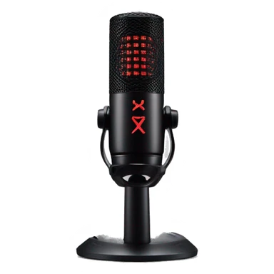 Create an emoji of the HyperX QuadCast microphone, showing its cylindrical black body with red LED grille lighting, compact shock mount stand, and subtle HyperX logo detail, giving it a sleek, modern look. sticker