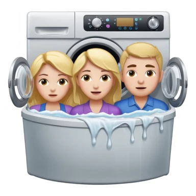 Eine Frau mit dem in der Waschmaschine feststeckt und zwei Männer die hinten an ihr ziehen um ihr zu helfen  sticker