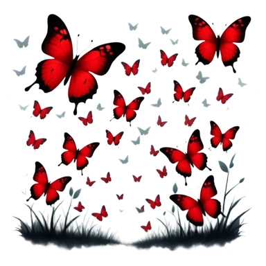 A surreal composition with deep red butterflies fluttering in the foreground, their wings illuminated by an unseen light, while faded black crosses stand solemnly in the misty background. The air feels heavy with mystery, blending passion and melancholy in a striking visual. sticker