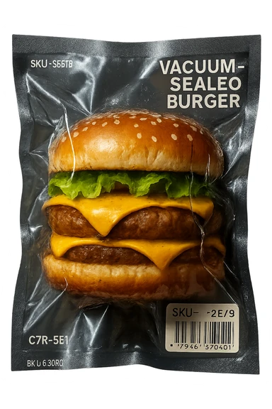 vacuum-sealed burger, compressed and shiny sticker