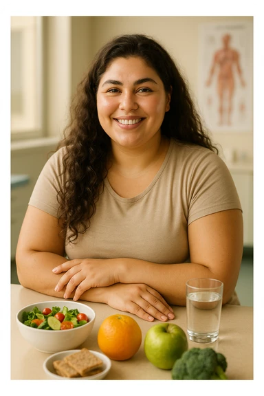 realistic portrait of a woman with PCOS following a healthy and balanced diet, healthy and radiant appearance, well-cared skin, thick hair, energetic posture, clinical atmosphere, realistic details, warm natural lighting, vertical 2:3 aspect ratio, no text sticker