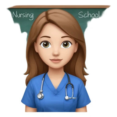 university classroom that says nursing school on the blackboard with a pretty female nursing student with long brown hair, blue eyes sticker