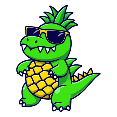 A pineapple with crocodile features - green crocodile legs and tail, crocodile teeth on the pineapple, wearing sunglasses sticker