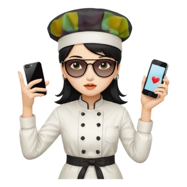 ["A sad woman with light skin, straight hair, wearing a chef hat and sunglasses, dressed in K-pop fashion, is dancing while holding a phone."] sticker
