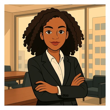Convert this image to a cartoon style with a confident, successful CEO vibe. The girl should have slightly longer hair and lighter skin tone, maintaining her confident expression and professional appearance. sticker