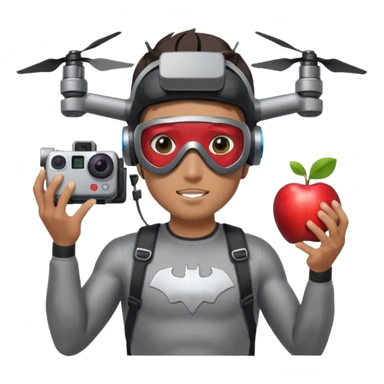 Super hero photographe, gopro sur la tête, masque ce fpv  (style Apple vision) sur les yeux. Un drone à côté de lui. Il tiens un appareil photo reflex. sticker
