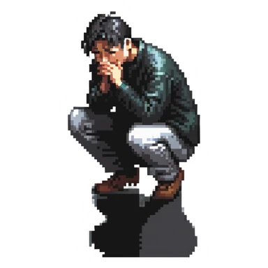 sad Asian man kneeling and crying in a rainy street, no background clutter sticker