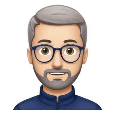 Caucasian man with oval face, hair cut extremely short and tight to head (military style), short beard with gray streaks, large black eyeglasses, cheerful expression, wide body type, navy blue long sleeve sweatshirt with quarter zip sticker