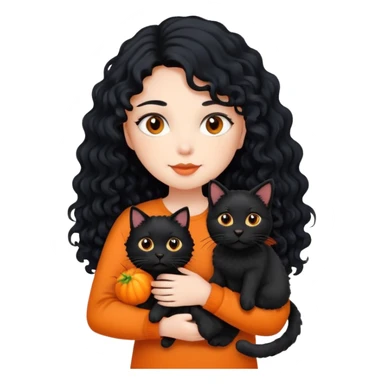 A girl with long black hair is holding a black cat, an orange cat and a curly-haired dog sticker