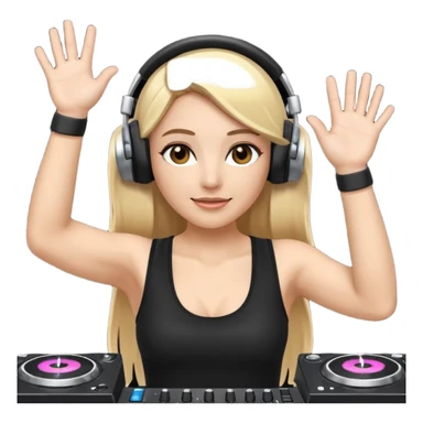I want a white female dj animated gif emoji with long straight centre parting blonde hair, brown eye brows and putting hands up in the air. Wearing a black tight top with no sleeve. Also wearing DJ headphones  sticker