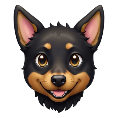Cinematic Comical Black and Tan Kelpie Portrait Emoji, Head tilted dramatically with an exaggeratedly amused expression, featuring a striking black Fur with bold tan patches, wide, expressive dark eyes filled with playful disbelief, Simplified yet hilariously expressive features, highly detailed, glowing with a slightly sassy glow, high shine, dramatic yet playful, stylized with an air of cheeky mischief, bright and endearing, soft glowing outline, capturing the essence of a spirited and over-the-top herder, so meme-worthy it feels like it could side-eye its way into internet fame instantly! sticker