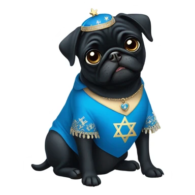 Black pug in a blue dress with a Jewish star on the dress sticker