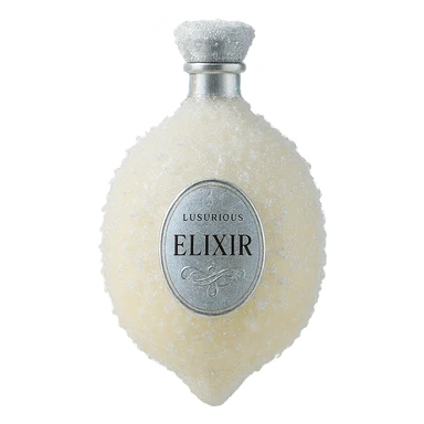 prabangus eliksyro buteliukas, šaldytos citrinos forma, šviesiai geltona, dar daugiau šerkšno ir žėrinčių efektų, sidabrinės ir holografinės detalės, labai mažas kaklelis, vientisas dugnas, buteliukas plūduriuoja ore, be pagrindo ar šešėlio, modernus, kolekcijai tinkamas, skaidrus fonas sticker