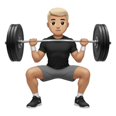 Hombre vestido con playera negra, pants gris y tenis blancos tipo jordan haciendo sentadilla libre con barra con un disco de 20 kilos por lado  sticker