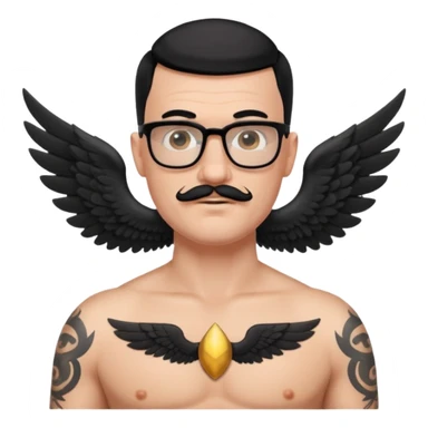 pumped up white male, glasses, buzz cut black hair, handlebar mustache black, two wings tattooed on his chest sticker