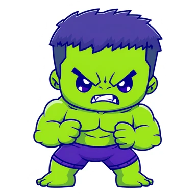 Chibi Hulk, cute small proportions, big head, tiny body, adorable angry expression, green skin, purple shorts sticker