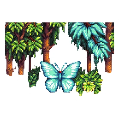 pixel art butterfly among trees and plants, forest background sticker