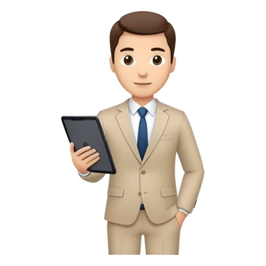 A flat-style illustration of a business executive confidently, holding a digital tablet or folder. The character wears smart business attire, clean cartoon style, white background, iOS emoji aesthetic. sticker