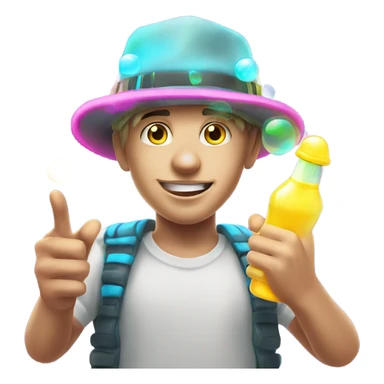 Caucasian boy at rave wearing a glowing outfit and hat with bubble guns in each hand sticker