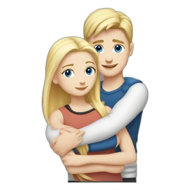 blond white girl with blue eyes hug white boy with black hair with pony-tail sticker