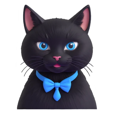 black cat with a blue bowtie collar, 3D cartoon style, semi-realistic fur texture, shiny eyes sticker